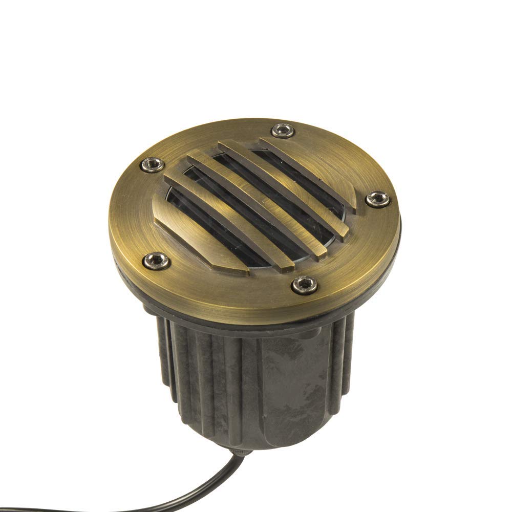 Lumen Logic 12V Brass In-Ground Well Light (Grated Top) with 5W 2700K Warm White MR16 LED Bulb for Low Voltage Landscape Lighting of Outdoor Pathway,