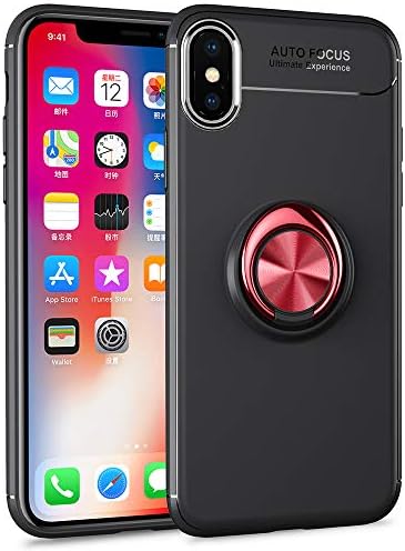 SORAKA Case for iPhone X with 360 degree rotation Ring Stand Soft Slim Fit Silicone Case Shockproof Anti-fingerprint Case with Metal Plate for Magnetic Car Phone Holder Red