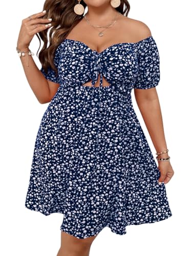 Image of SOLY HUX Women's Plus Size Summer Dresses Off Shoulder Floral Print Short Sleeve Cut Out Tie Front A Line Short Dresses Blue Floral 2XL