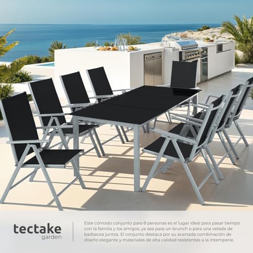 tectake® Conjunto Muebles Jardín Exterior 9 Piezas, Estructura de Aluminio, Mesa y Sillas Terraza Impermeables, Resistentes a Intemperie, Sillas Plegables y Reclinables, Tela Transpirable - Plata - imagen 5