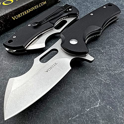 VORTEK RHINO Black G10 Ball Bearing D2 Cleaver Blade Folding Pocket Knife