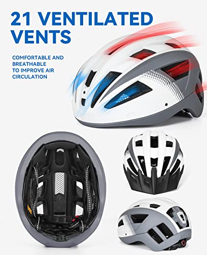 Funwict Adult Bike Helmet With Visor And Goggles For Men Women Mountain Road Bicycle Helmet Rechargeable Rear Light Cycling Helmet (L: 57-61 Cm (22.4-24 Inches), White Grey) #TOP3