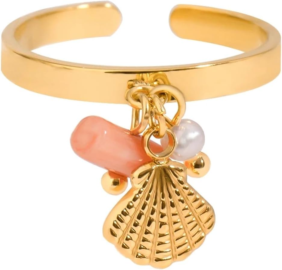 Design Stainless Steel Crystal Shell Pink Coral Pendant Smooth Ring For Unisex Jewelry 1Pcs