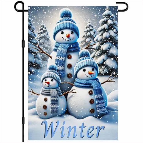 Image of BlissYard Garden Flag Snowman Family Forest Winter 12x18 Inch Polyester
