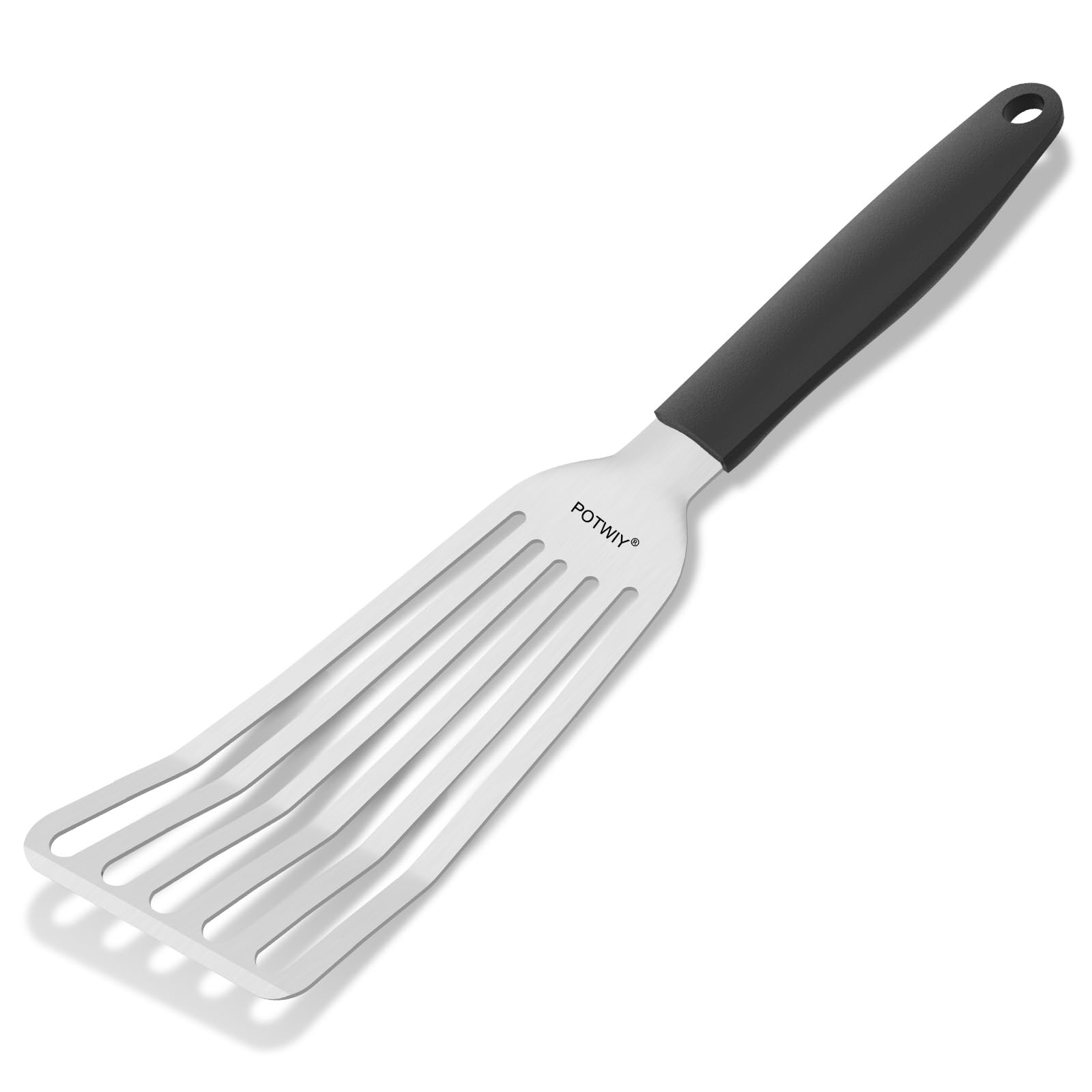 Fischspatel aus Edelstahl, Schlitzwender mit Silikongriff und gebogener Klinge, Metallspatel für Gusseisen-Bratpfanne, Küche, Kochen, Flipper für Fisch, Ei und Burger, 29 cm