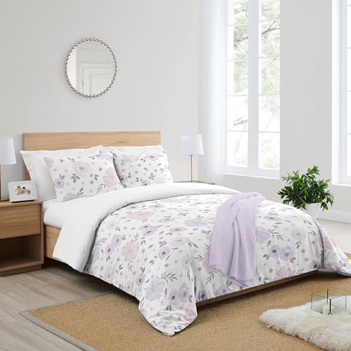 Image of Sweet Jojo Designs Lavender Purple, Pink, Grey and White Shabby Chic Watercolor Floral Girl Full /Queen Teen Childrens Bedding Comforter Set - 3 Pieces - Rose Flower