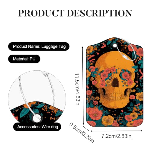 Image of Floral Skull Luggage Tags 2 Pack, PU Leather Privacy Flap