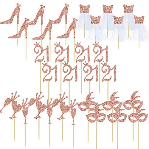32Pcs Rose Gold Glitter Twenty One Birthday Party Decorations Cupcake Topper Kit With Figure 21,Mask,High Heel,Glasses,3D Tulle Dress Cupcake Toppers For Twenty One Party Birthday Cake Decorations #TOP3