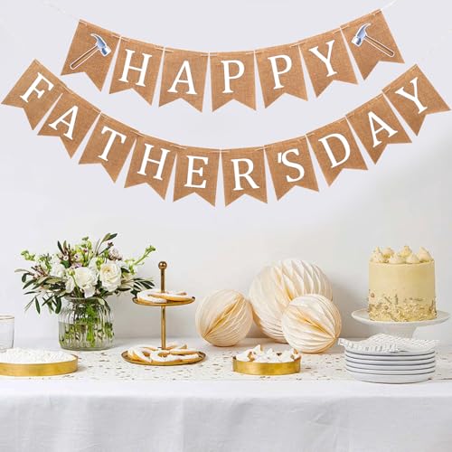 Image of Happy Father's Day Decorations Banner Burlap - Vintage-Style Father's Day Decor Hanging Signs Banner for Home Office Walls Fireplaces Background Photography
