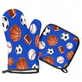 Basketball Baseball Oven Mitts and Pot Holders Sets Blue Soccer Rugby Ball Oven Mits Mittens Heat Re