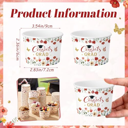 Image of Funnymoom 50 Pack Red Wildflower Graduation Ice Cream Cups 9 oz Class of 2026 Congrats Grad Disposable Dessert Snack Cups Floral Graduation Paper Soup Bowls for College High School Party Supplies