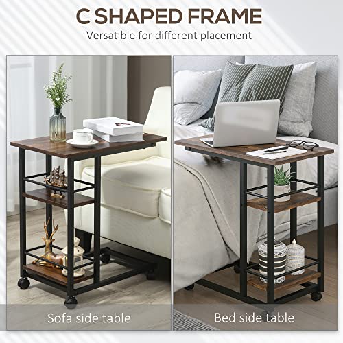 Homcom C Shaped End Table With Storage Shelves, Mobile Side Table With Wheels For Sofa Couch, Bed, Metal Frame, Rustic Brown #TOP3