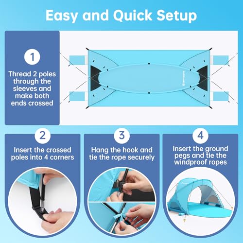 Image of Raynesys Beach Tent Sun Shelter for Sand Camping, 1-4 Person, Light Blue | Beach Shade Tent with UPF50+ UV Protection, Portable Sun Shelter, Shade Tents with 2 Zippered Doors