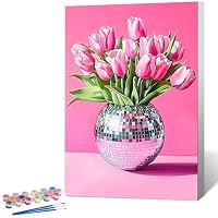 OkarinaArt Malen nach Zahlen für Erwachsene mit Rahmen – Discokugel & Blumen, Framed Paint by Numbers Set auf Leinwand für DIY Wanddekoration, 20 x 30 cm