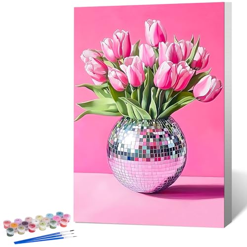 OkarinaArt Malen nach Zahlen für Erwachsene mit Rahmen – Discokugel & Blumen, Framed Paint by Numbers Set auf Leinwand für DIY Wanddekoration, 20 x 30 cm