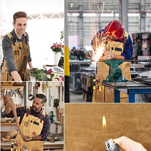 Leather Welding Apron With 10 Pockets, Woodworking Apron For Men, Heat & Flame-Resistant Heavy Duty Waxed Canvas Work Apron, Quick Release Cross-Back Straps - Adjustable S To Xxxl ( Brown) #TOP3