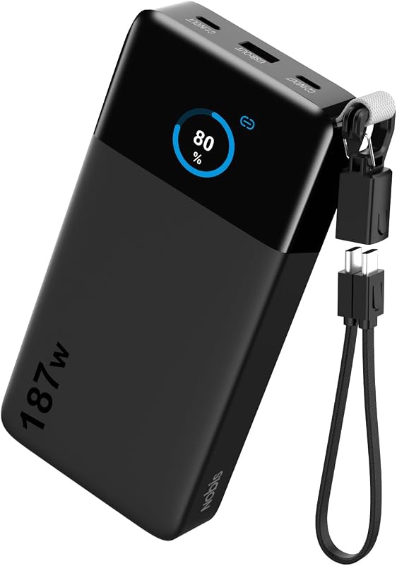 NOBIS Tragbare Power Bank 187 W, 25.000 MAh Mit Smart-Display-App | 2C+1A-Ausgänge (100 W + 65 W + 22,5 W), abnehmbares USB-C-Kabel, Powerbank für Smartphones, Laptops und Tablets