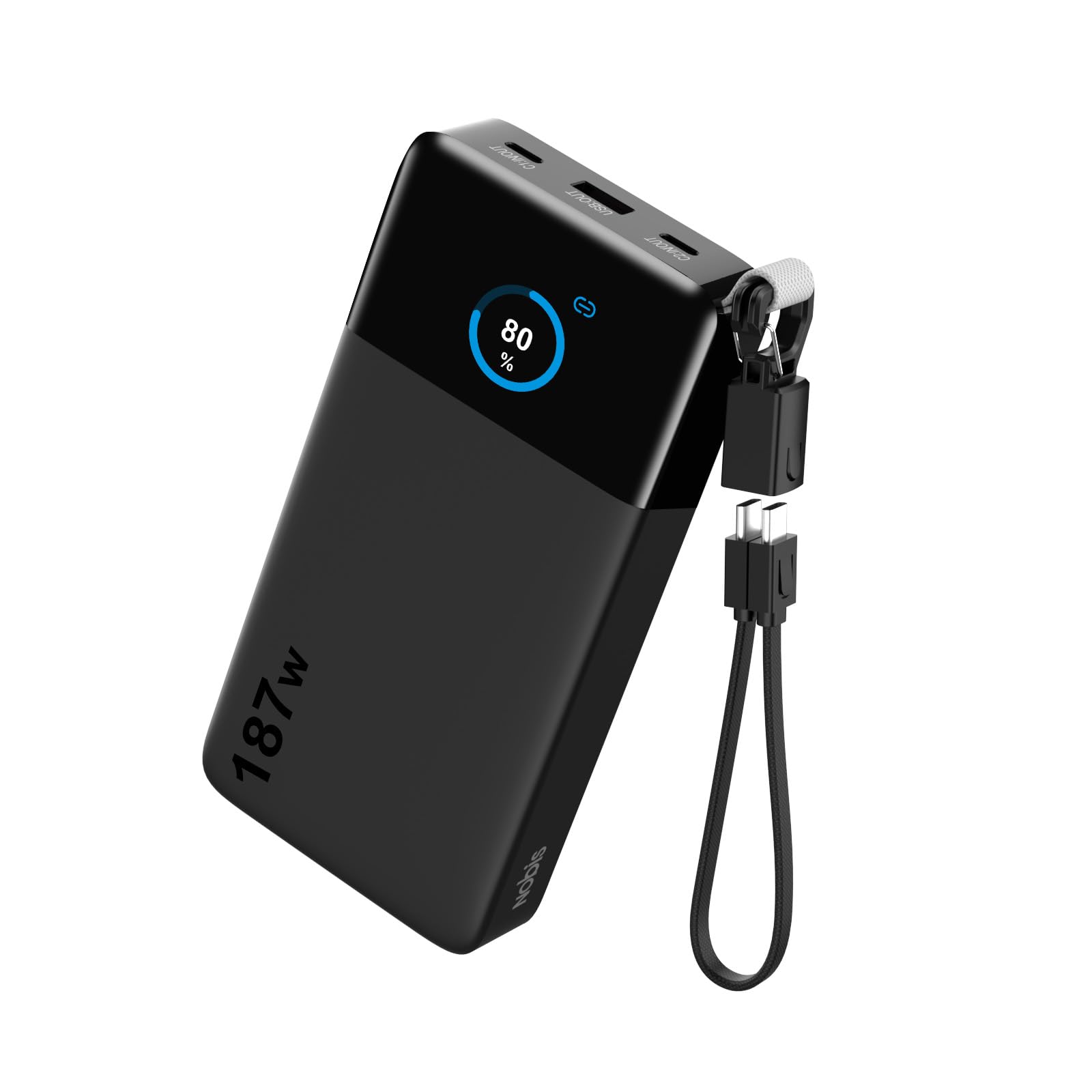 Nobis Power Bank 25000mAh 187W Laptop, 3 Porte Ricarica Rapida (100W Max) | Caricatore Portatile con cavo C-C Staccabile, display TFT, essenziale viaggi, per iPhone 17/16/, Tablets e Altro Ancora