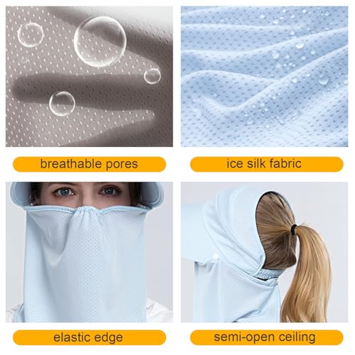 Image of Women Wide Brim Face Mask Sun Hat Detachable Neck Face Flap Ponytail UV Protection Visor Hat Garden Fishing Hiking