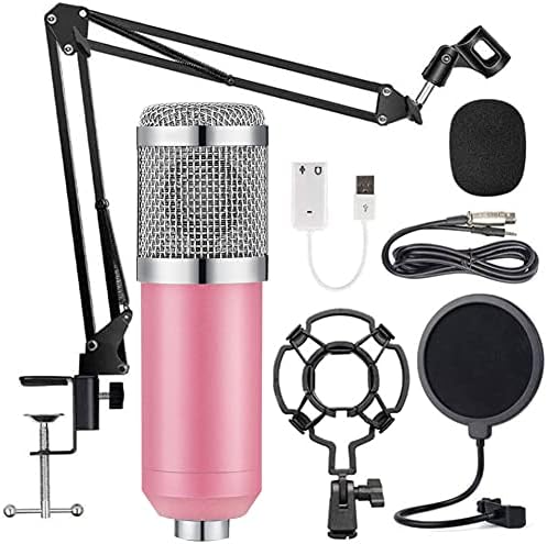 Puyong BM-800 Condenser Microphone Kit, Recording Microphone Kit with Adjustable Microphone Holder and Double-Layer Filter, Studio Microphone for Professional Recording Broadcasting Singing (Pink)