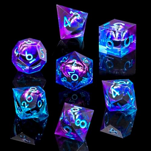 Role dice Beholder's Dragon Eye DND Dice Set, Liquid Core Sharp Edged Resin Dice for Dungeons and Dragons,7pcs RPG Polyhedral D&D Dice, MTG Role Playing Dice D20D12D10D8D6D4 with Gift Box(Blue Purple)