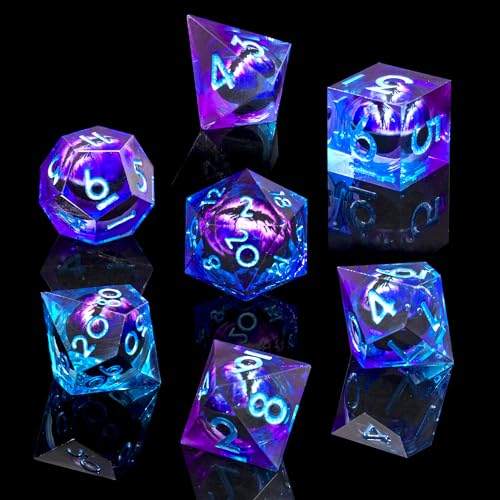 Beholder's Dragon Eye DND Dice Set,Sharp Edge Liquid Core Resin Handmade Cat Eye Dice with Gift Box 7 PCS for Role Playing Dungeons and Dragons Ttrpg(Blue Purple)