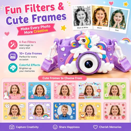 Image of Brand Conquer Kids Camera for Girls with Unicorn Design, HD Digital Camera for Children Age 3-10, Rechargeable Mini Toddler Camera with 2.4 inch IPS Screen, Selfie, Video Recording, Games & Strap (Purple)