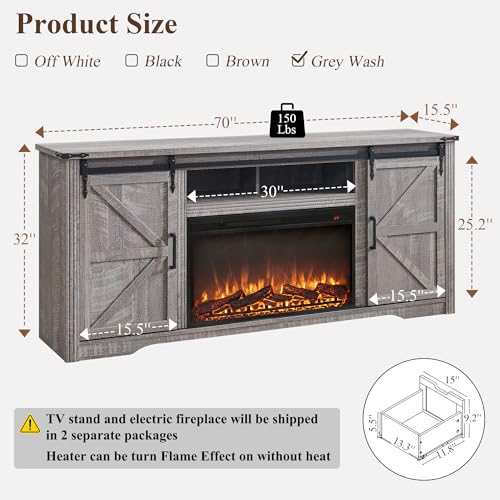 Image of Farmhouse 70 inchFireplace TV Stand for 80 Inch TV, 4 Drawers&Sliding Barn Door | 32 inch Tall Entertainment Center, 70 Inch Highboy Media Console for Living Room, Grey Wash