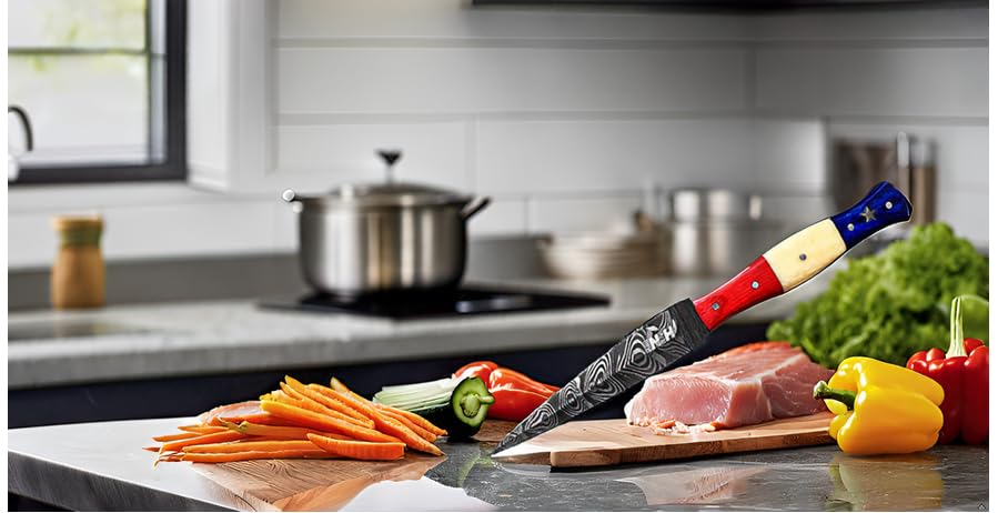Novahaven Vielseitiges 23 cm Küchen- und Outdoormesser – Damaststahlklinge, Perfekt für Fischreinigung, Fleisch- und Gemüseschneiden sowie Outdoor-Aktivitäten by (Multi colour)