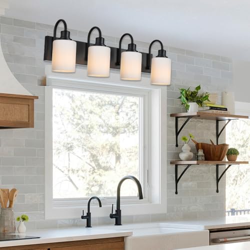 Image of 4 Light Vanity Light Fixture,Matte Black Wall Sconces Lighting with Opal White Glass Shade Metal Interior Bathroom Lights Over Mirror for Hallway Bedroom