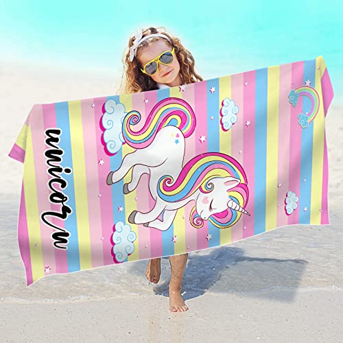 FEELJAM Toalla de baño de unicornio, 70 x 140 cm, toalla de rayas para playa, para niños, multicolor