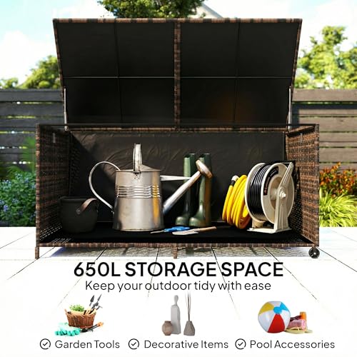 Outsunny 650L Extra Large Garden Storage Box with 2 Wheels, Rattan Deck Box with Waterproof Zipped Liner, Safe Pneumatic Rods, Patio Rattan Storage Container for Backyard Gardening Tools, Mixed Brown 3 Outsunny 650L Extra Large Garden Storage Box with 2 Wheels, Rattan Deck Box with Waterproof Zipped Liner, Safe Pneumatic Rods, Patio Rattan Storage Container for Backyard Gardening Tools, Mixed Brown - Image 3
