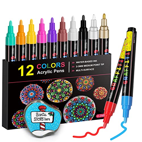 Acrylic Paint Pens, Emooqi Set of 12 Pcs Paint Markers Pens for Rocks, Craft, Ceramic, Glass, Wood, Fabric, Canvas -Art Crafting Supplies