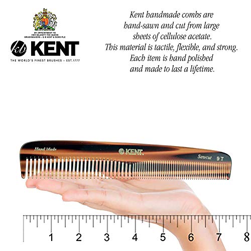 Kent 9T Double Tooth Hair Dressing Table Comb, Tortoise Fine And Wide Tooth Dresser Comb For Hair, Beard And Mustache, Coarse/Fine Hair Styling Grooming Comb For Men Women And Kids. Made In England #TOP1