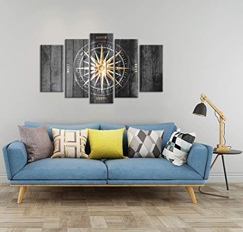 Zlove 5 Pieces Vintage Grey And Gold Canvas Wall Art Nautical Compass Directions Painted On Wood Design Giclee Print Gallery Wrap For Modern Home Office Bedroom Decoration Ready To Hang #TOP3