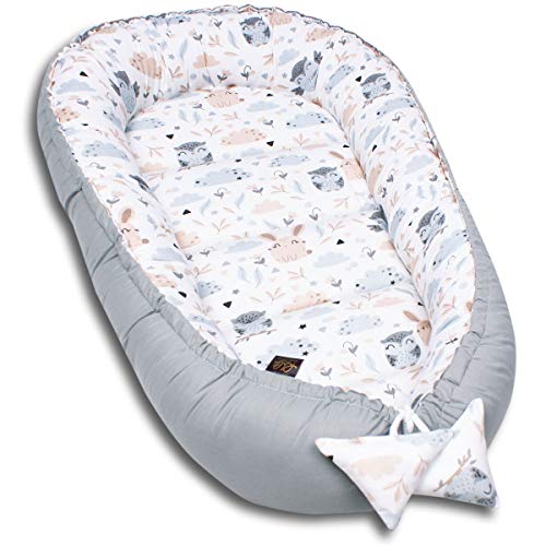 PaLulli Kuschelnest 2-seitig Babynest Babynestchen Baby Nest Nestchen Reisebett Wickelauflage Kuschelbett, Kokon Kokon für Babybett - Babys und Säuglinge, 100% Baumwolle Oeko TEX (Owls)