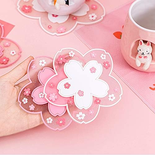 Sakura Coffee Cup Mat Kawaii Coaster 2PCS Cute Cherry Blossom PVC Home Tea Mug Pink Flower Pattern Durable Anti-Skid Pot Bowl Pad Placemat for Desk Drink Table Decor Kawaii Accessories (Small)
