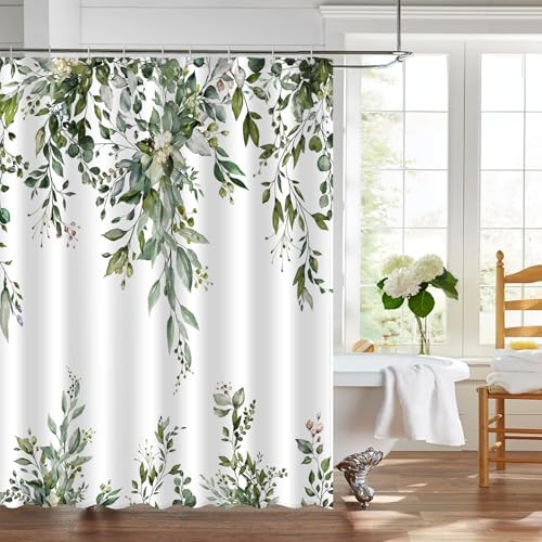 Image of Eucalyptus Shower Curtain, Abstract Aesthetic Art Watercolor Plant Leaves with Floral Bathroom Decor, Waterproof Fabric Cloth Bath Curtain Set with Hooks (Dark Green, 72x72 Inches)