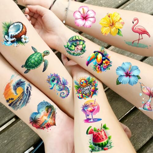Image of Bilizar 50 Sheets Aloha Tattoos For Women Adults Hawaii Summer Beach Pool Hibiscus Temporary Tattoo Sticker, Hawaiian Party Decoration Fake Tattoos Wave Turtle Decals Hawaii Aloha Party Favor Supplies