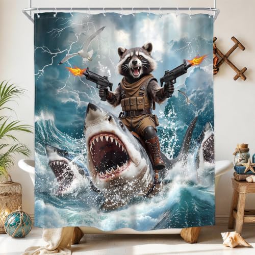 Funny Raccoon Riding Shark Shower Curtain Ocean Adventure Art 60Wx72H Decor