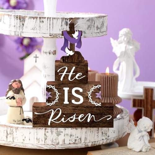 4-Pcs-Easter-Table-Decorations-He-Is-Risen-Wooden-Table-Sign-Religious-Wood-Table-Centerpiece-Easter-Cross-Blocks-Farmhouse-Tiered-Tray-Decor-for-Home-Kitchen-Table-Shelf-Decor-Religious 4 Pcs Easter Table Decorations He Is Risen Wooden Table Sign Religious Wood Table Centerpiece Easter Cross Blocks Farmhouse Tiered Tray Decor for Home Kitchen Table Shelf Decor Religious