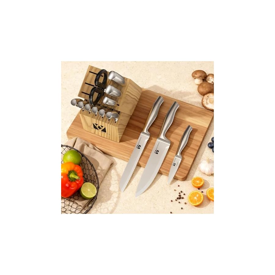 14-Piece-Knife-Set-with-Natural-Wood-Block-Stainless-Steel-Kitchen-Knife-Block-Set-with-Ergonomic-Handles-Includes-Steak-Knives-Dishwasher-Safe 14-Piece Knife Set with Natural Wood Block, Stainless Steel Kitchen Knife Block Set with Ergonomic Handles, Includes Steak Knives, Dishwasher Safe