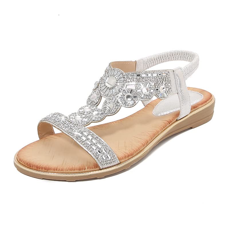 Sandales plates bout ouvert sangle en T femme nu-pieds argenté 39.5