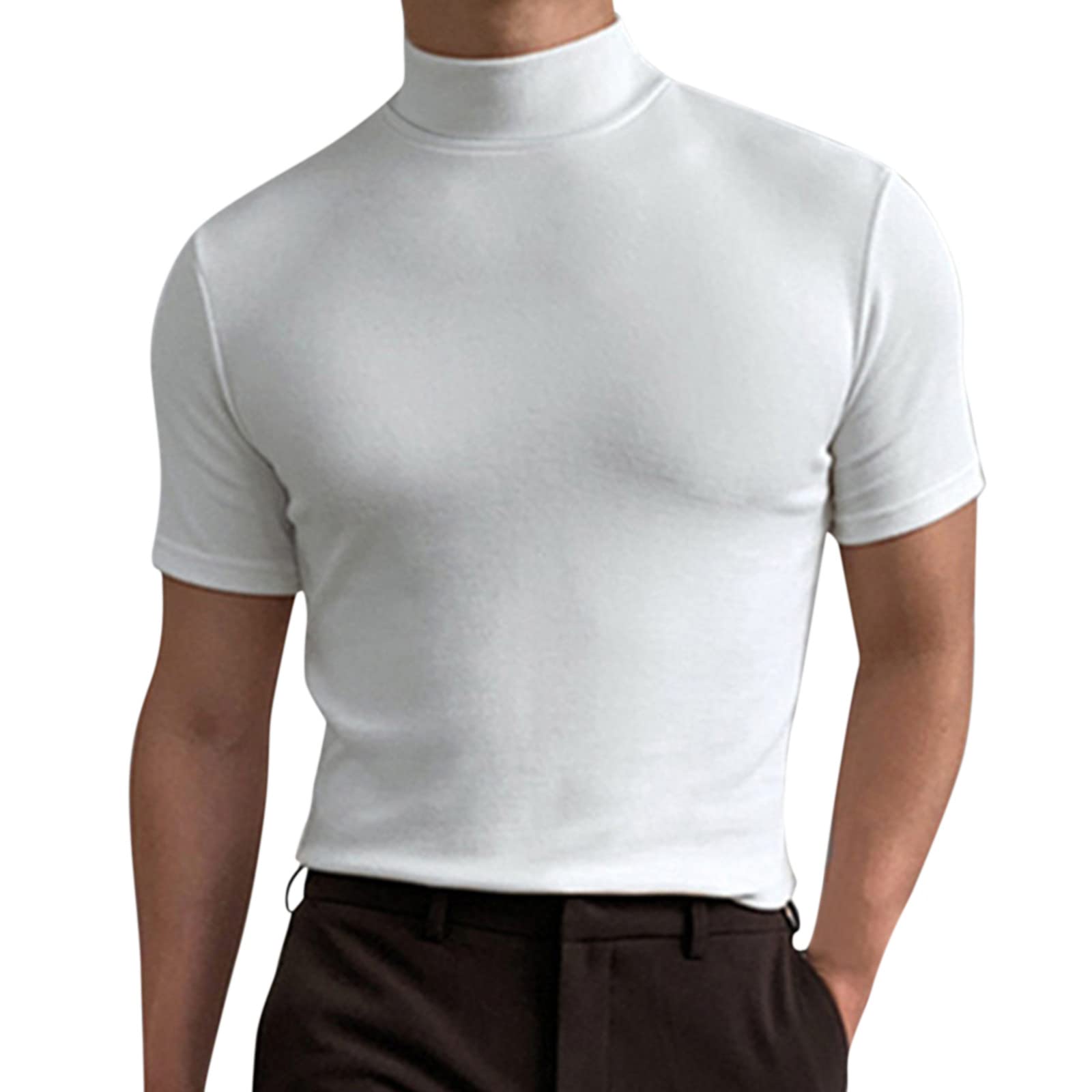 Mens Summer Mock Turtleneck T Shirt Solid High Collar Short Sleeve Tops Basic Slim Undershirt Tees