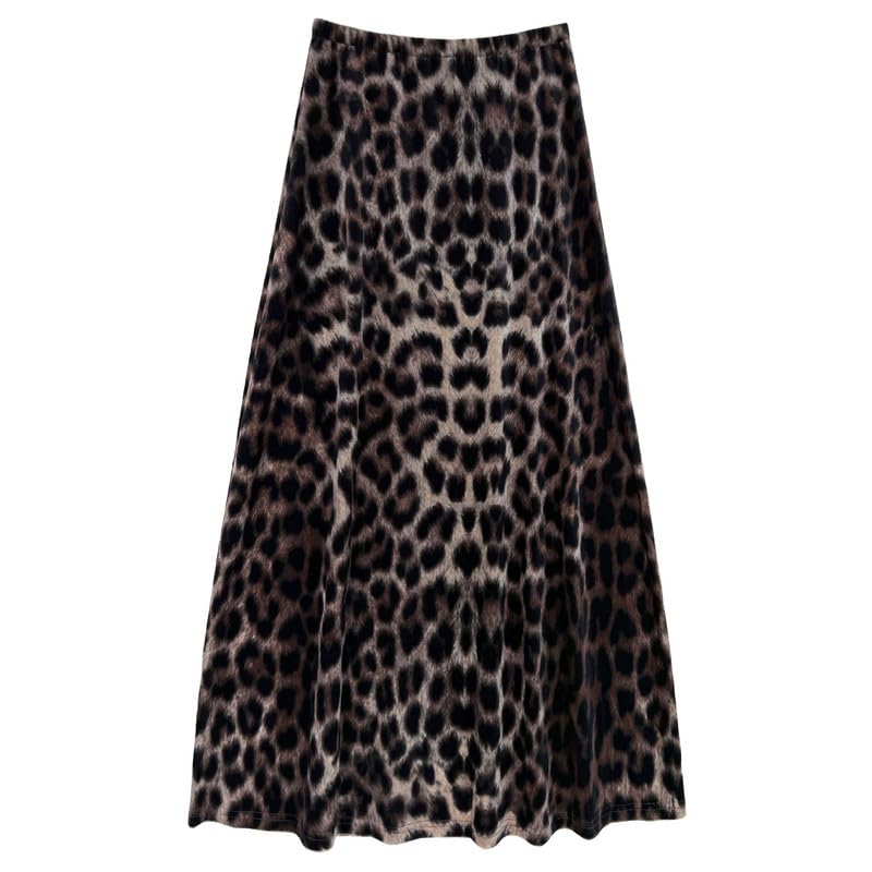 Womens Leopard Velvet Long Skirt High-Waist A-Line Stretch Waistband Maxi Skirt for Daily Holiday Date Night