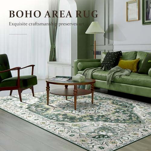 Deerly Green Vintage Area Rug 5x7 Boho Washable Large Living Room Bedroom Rugs Non Slip Low Pile 5x7 Rug for Kitchen Entryway Bedroom Dining Room Office, Green/Multi