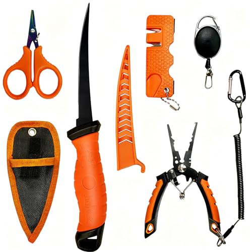 6pc Fishing Tool Kit - Corrosion Resistant Fishing Pliers with Lanyard, Fillet Knife, Fishing Braid Scissors, Tool Retractor, Fishing Gifts for Men