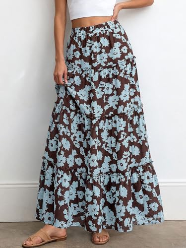 BTFBM Floral Maxi Skirts for Women Summer Spring 2026 Elastic Waist Tiered Flowy Beach Vacation Outfits Boho Long Skirt(Floral Brown Light Blue, Small) — view 4