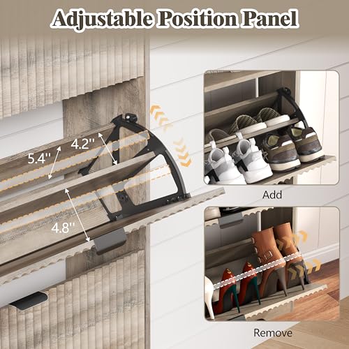 Image of HUANLEGO Shoe Cabinet Storage for Entryway with 2 Flip Drawers, Fluted Narrow Shoe Organizer with Wooden Legs, Freestanding Slim Shoe Storage Hidden Shoe Rack Organizer for Front Door Entrance, Grey