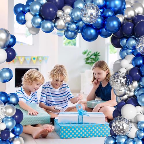 Image of Ouddy Life 156Pcs Blue Silver Balloons Garland Arch Kit, Navy Royal Metallic Light Blue Silver White Confetti Balloon for Birthday Wedding Baby Shower Birdal Graduation Retirement Party Decorations